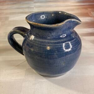 Vintage 70s Artisan Ceramic Creamer Denim Blue w/Trefoil Spout Ohio Made